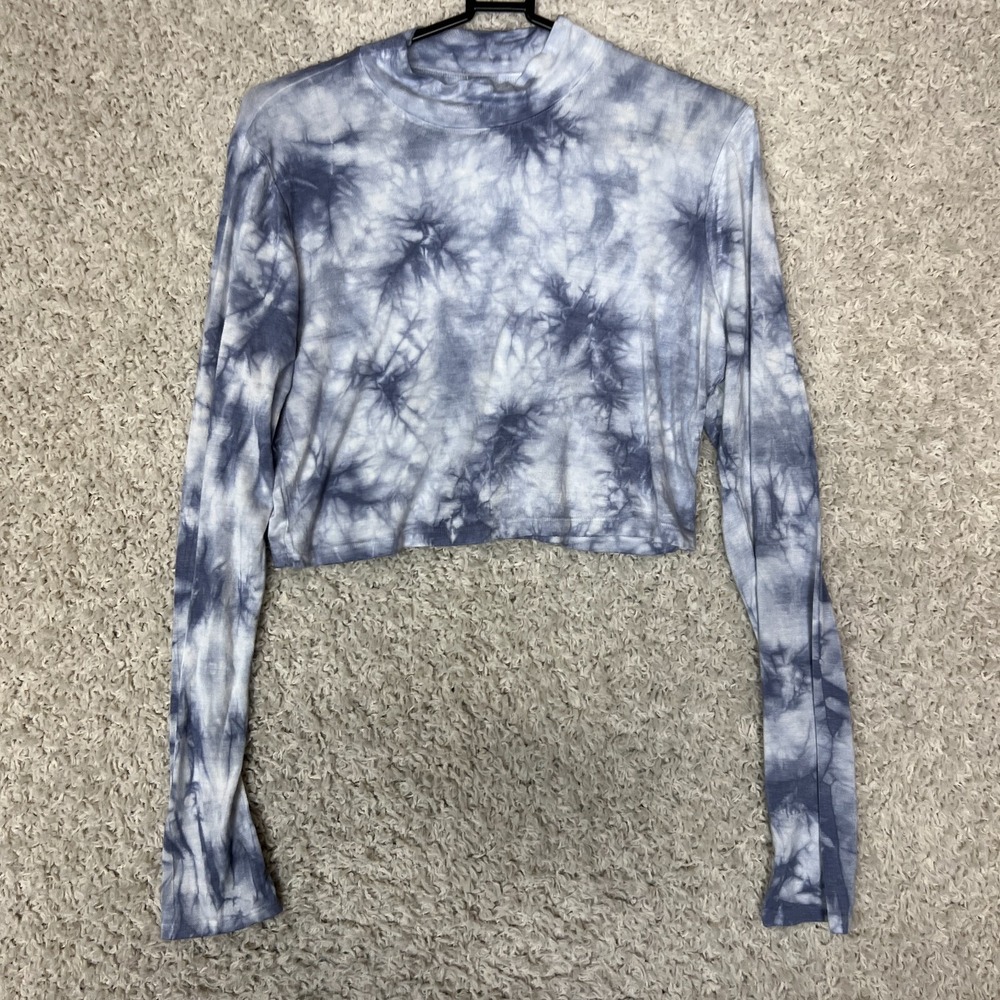 AERO Tee Shirt Womens XL Blue Tie Dye Basic Cropped Hippie Mock Neck Casual